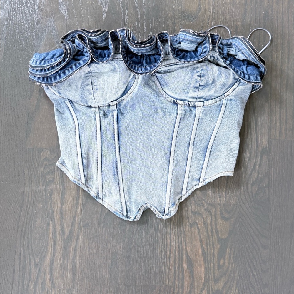 AKIRA Light Blue Denim Corset Crop Top with Ruffle Trim